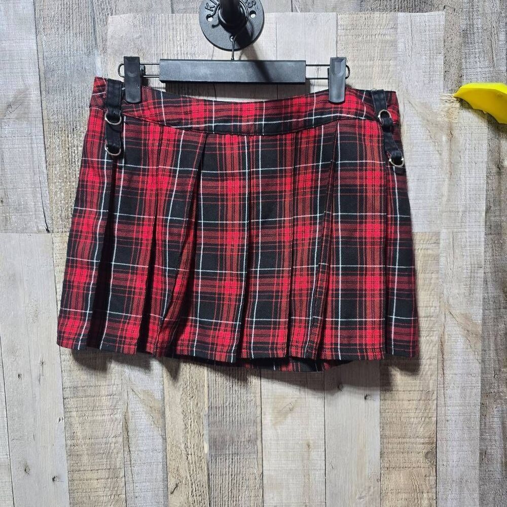 Tripp NYC Vintage Y2K Red Black Plaid Pleated Mini Skirt Medium Academia Goth Pu